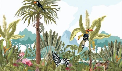Papel pintado infantil panorámico de la selva
