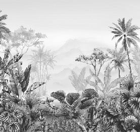 Papel pintado tropical en blanco y negro para cuartos de baño
