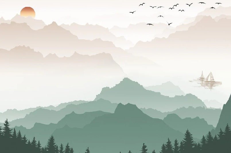 Papier peint montagne dans brume terracotta, XXL, tendance