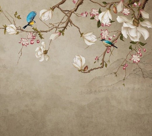 Papel pintado romántico con pájaros