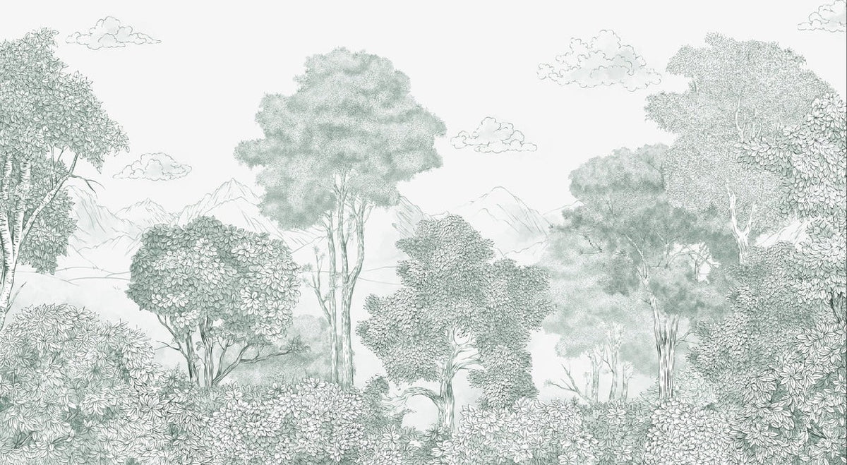 Papel pintado Panorámica de bosques verdes y montañas