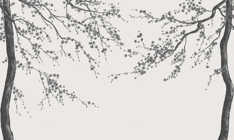 Papel pintado panorámico de flores en blanco y negro Sakura