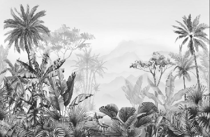 Papel pintado tropical en blanco y negro