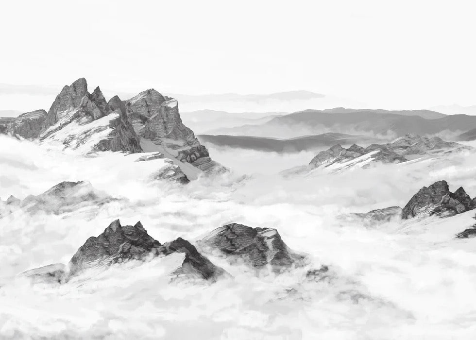 Papel pintado panorámico de montaña en blanco y negro