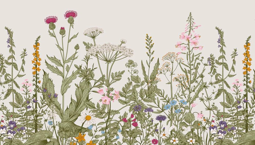 Papel pintado romántico de flores botánicas folclóricas