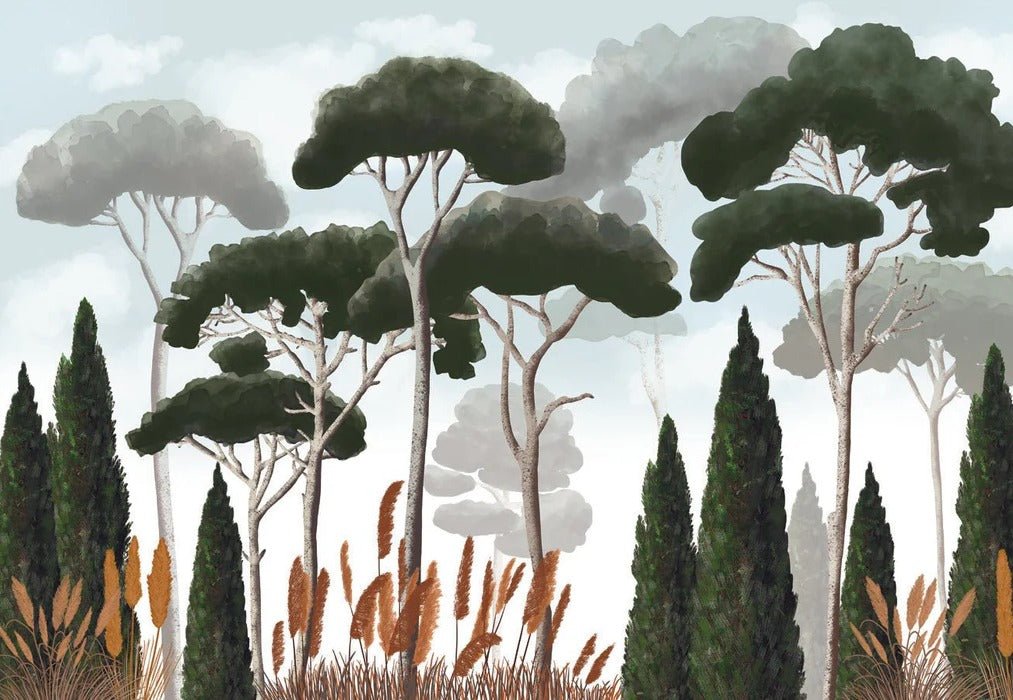 Papier peint sur mesure cyprès pins et herbes de la pampa