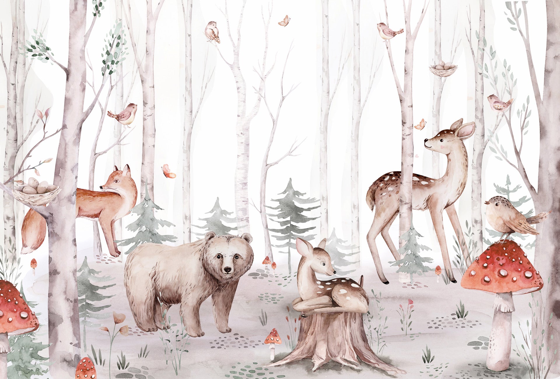 Papier peint aquarelle enfant animaux forêt, XXL, tendance