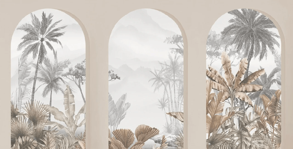 Papier Peint Panoramique Arches Tropicales Sépia - H280cm x L550cm - Matière Softouch, XXL, tendance