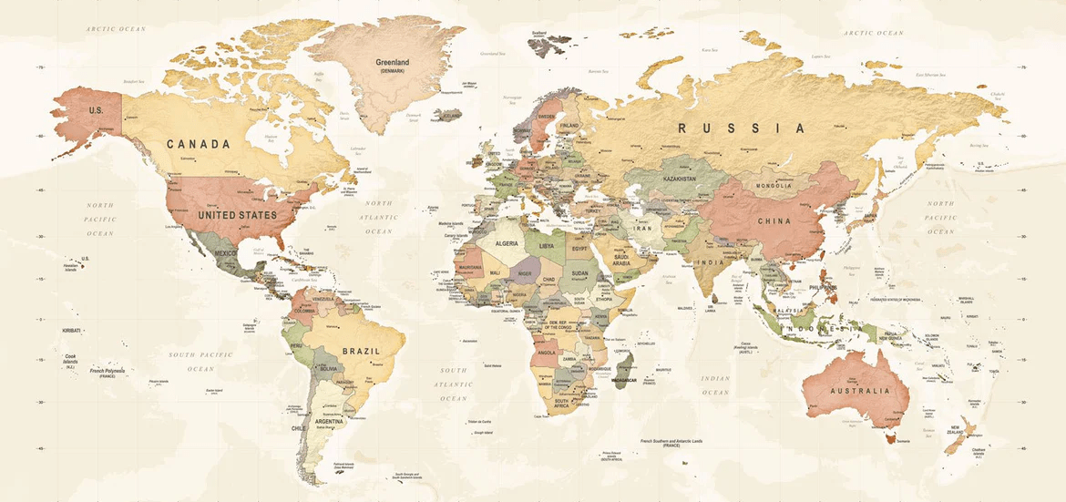 Papier Peint Panoramique Carte du Monde Exploration - H245cm x L520cm - Matière Softouch, XXL, tendance