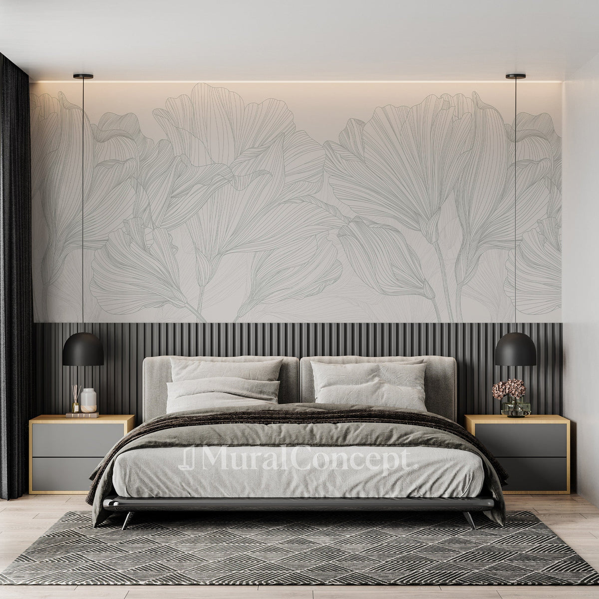 Papel pintado Vals de flores panoramico gris y blanco