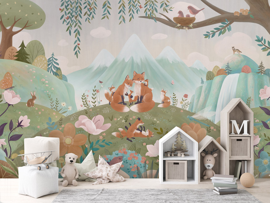 Papier peint enfant - La famille des renards - Muralconcept