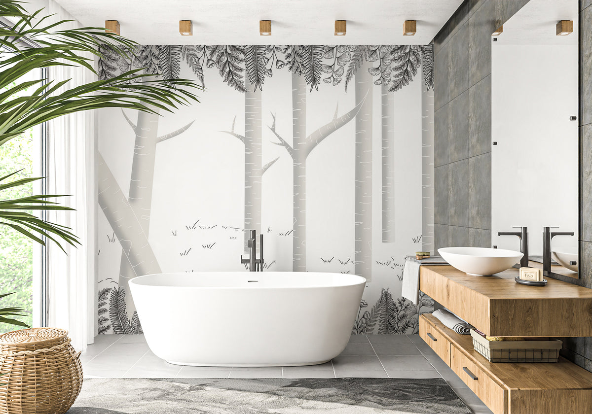 Papel pintado para baño con diseño de bosque de abedul gris