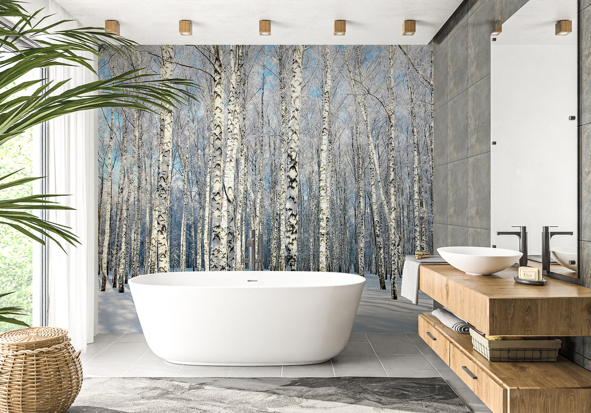 Papel pintado para baño con diseño de bosque de madera de abedul