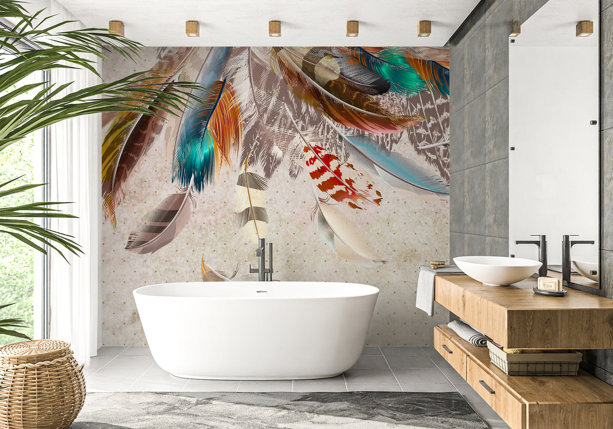 Papel pintado para baño con plumas indias