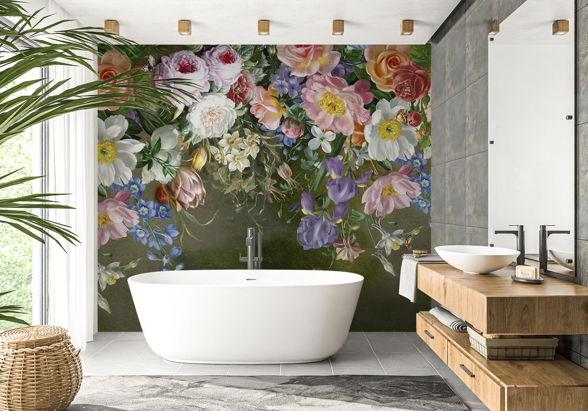 Papel pintado romántico vintage para el baño con motivos de viajes