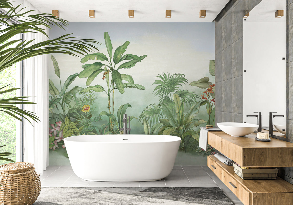 Papel pintado botánico para el baño