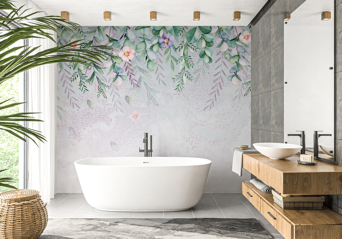 Papel pintado para baño con plantas románticas