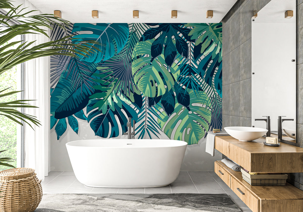 Papel pintado gráfico botánica para baño