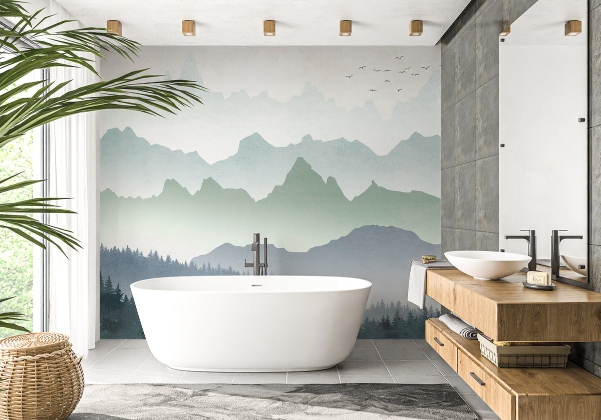 Papel pintado para baño con bosque y niebla matutina