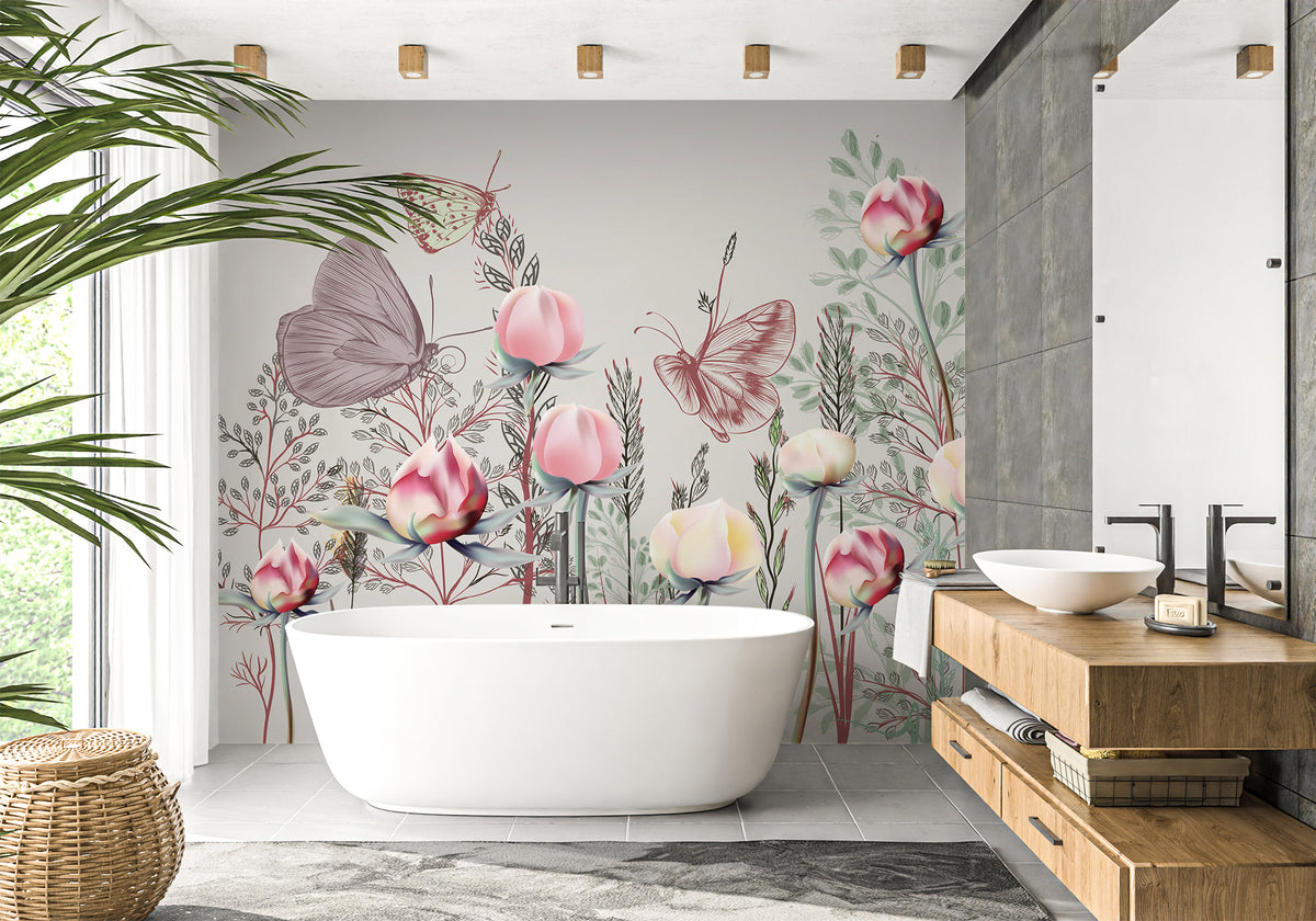 Papel pintado para baño con flores y tulipanes