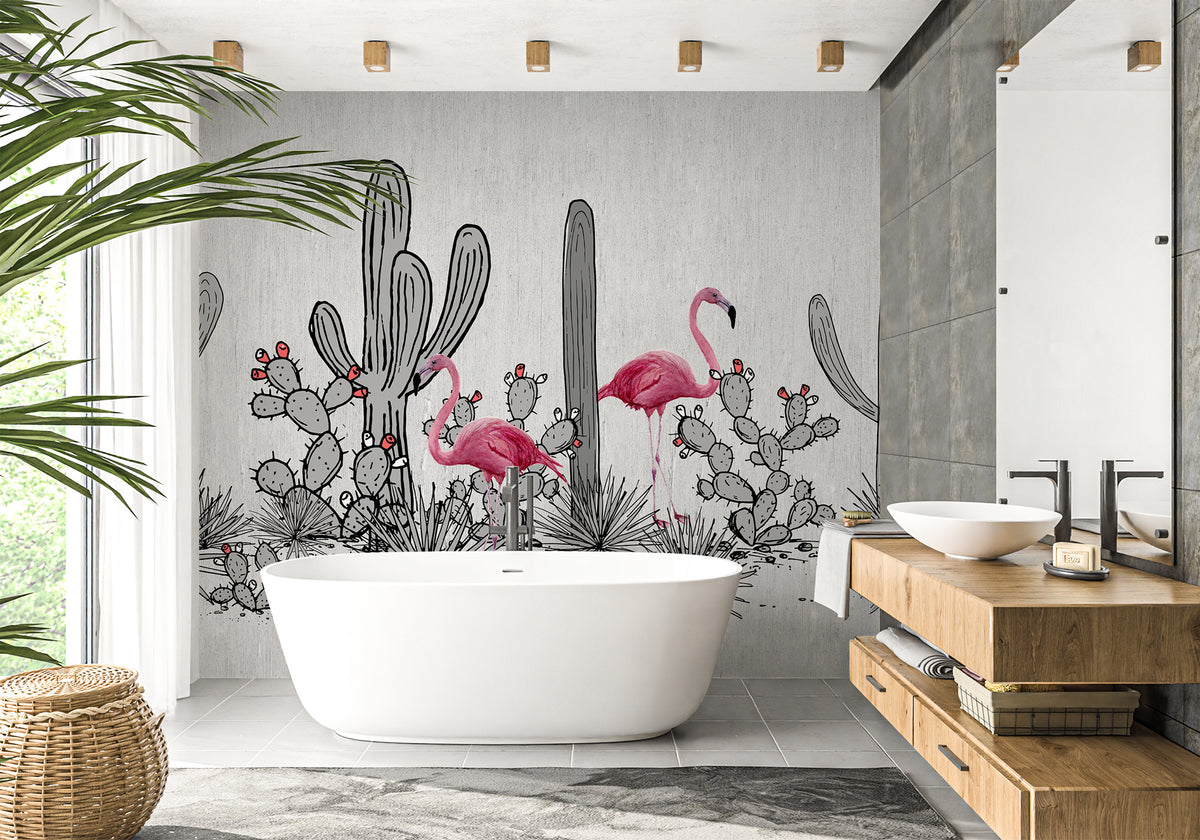 Papel pintado panorámico de cactus y flamenco rosa para cuarto de baño