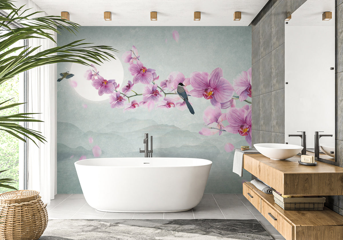 Papel pintado para baño no tejido con diseño de orquídea