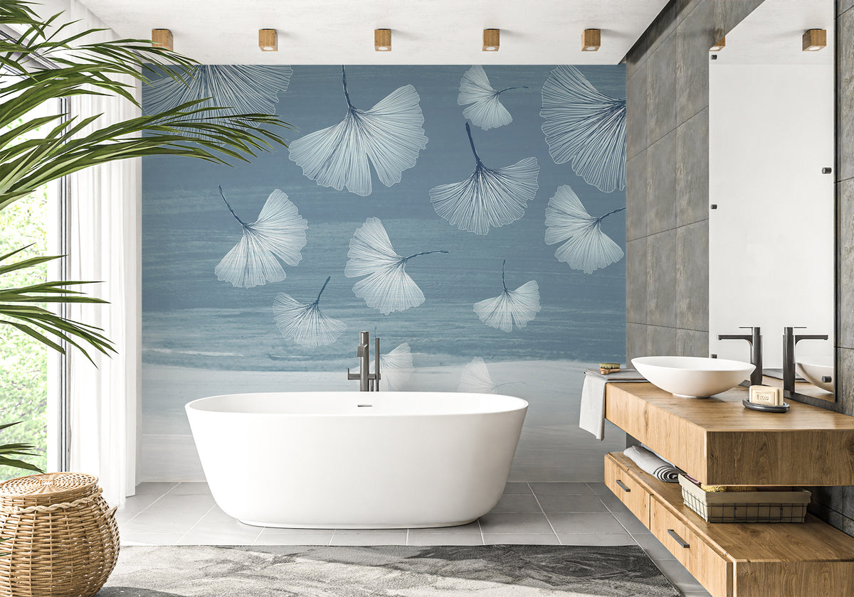 Papel pintado para baño con ginkgo azul japonés