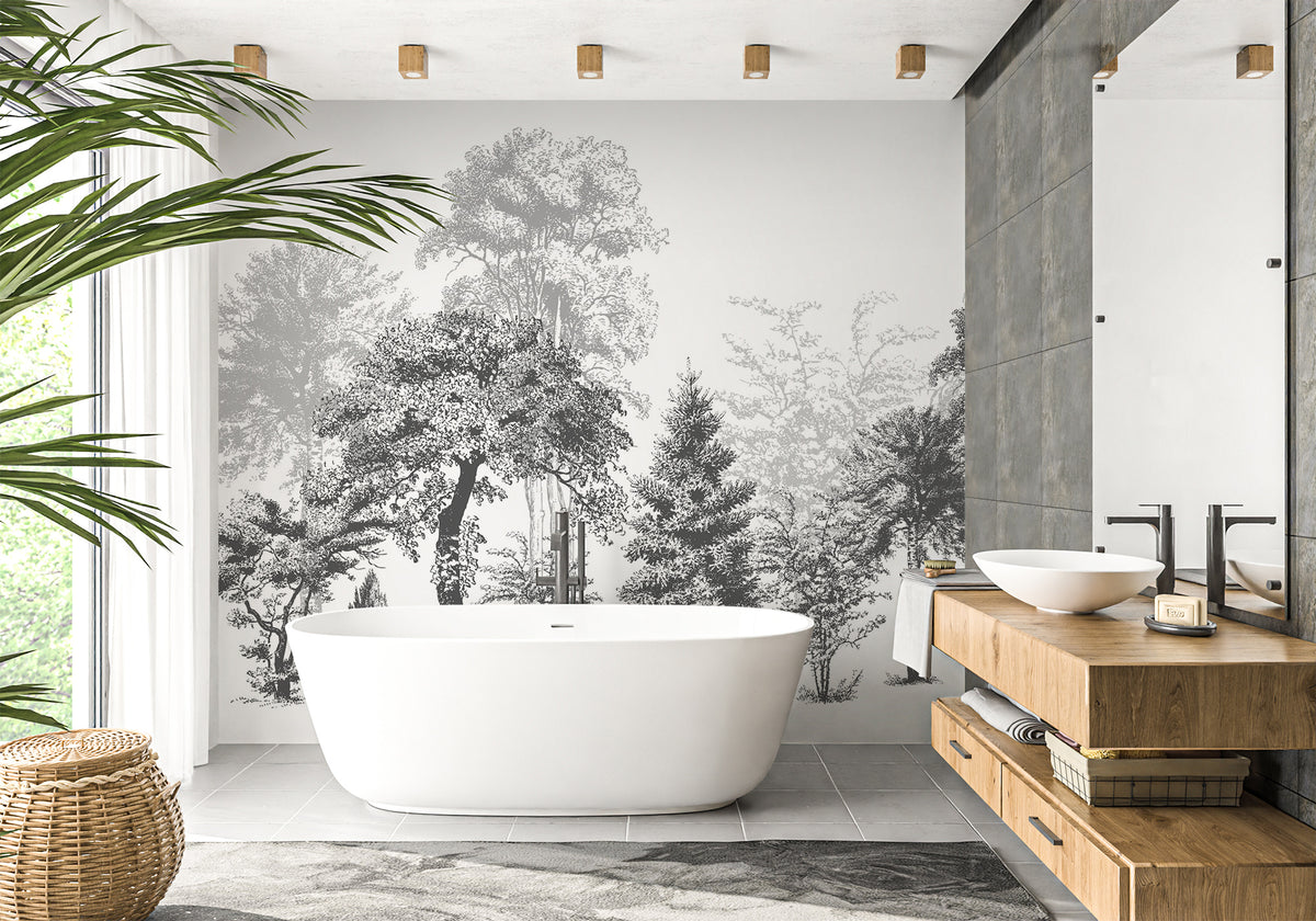 Papel pintado para baño con motivos naturales en blanco y negro