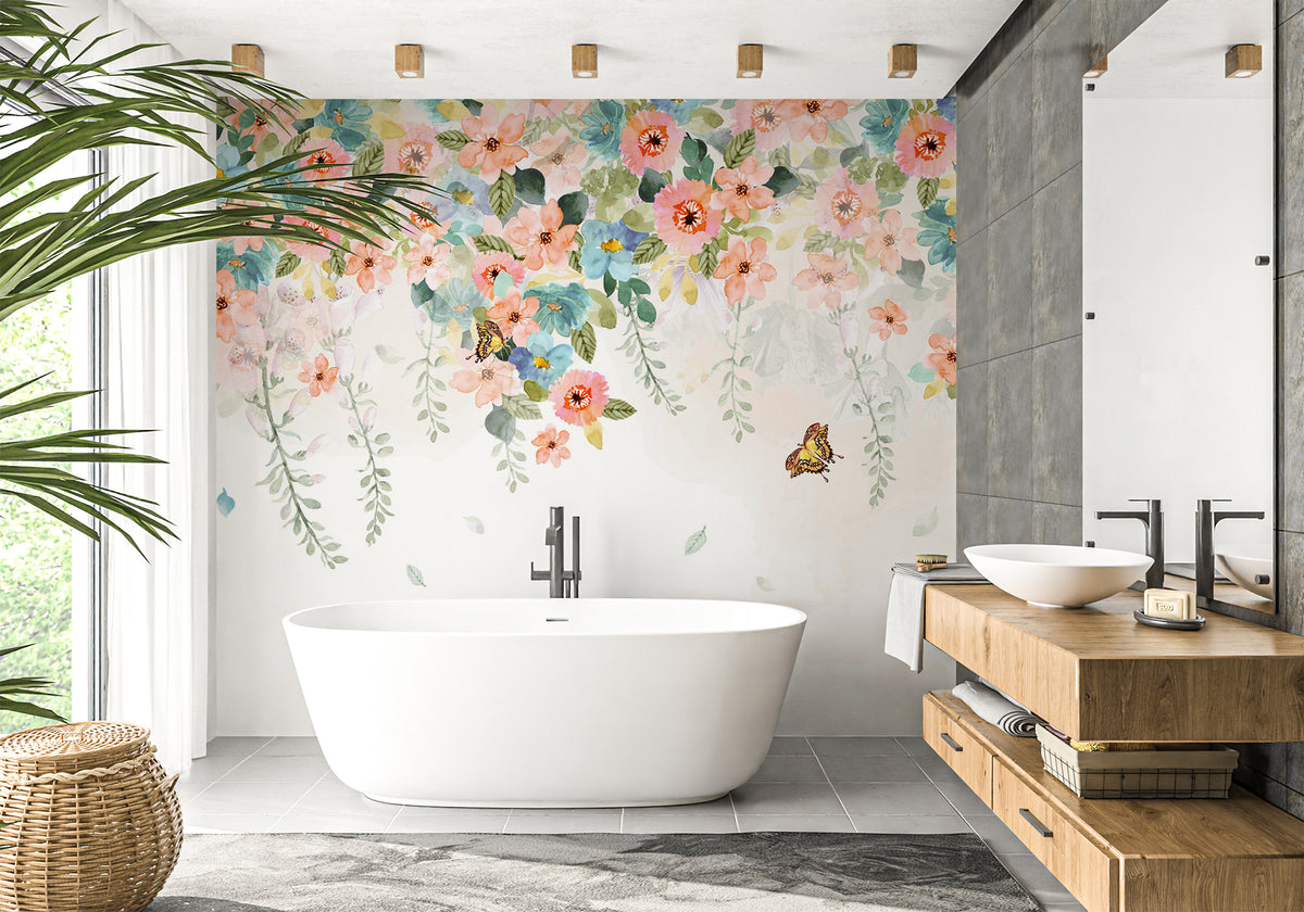 Papel pintado para baño con flores de verano