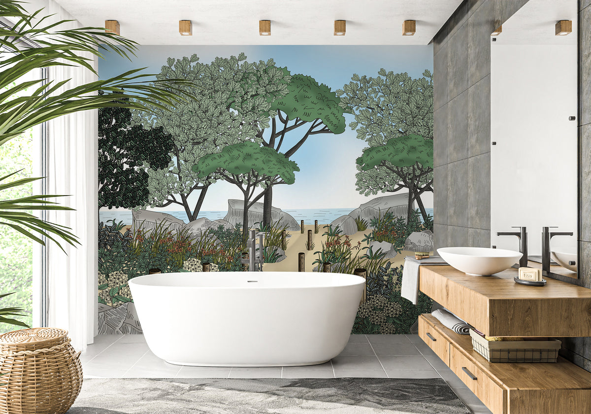 Papel pintado para baño paisaje Francia costa