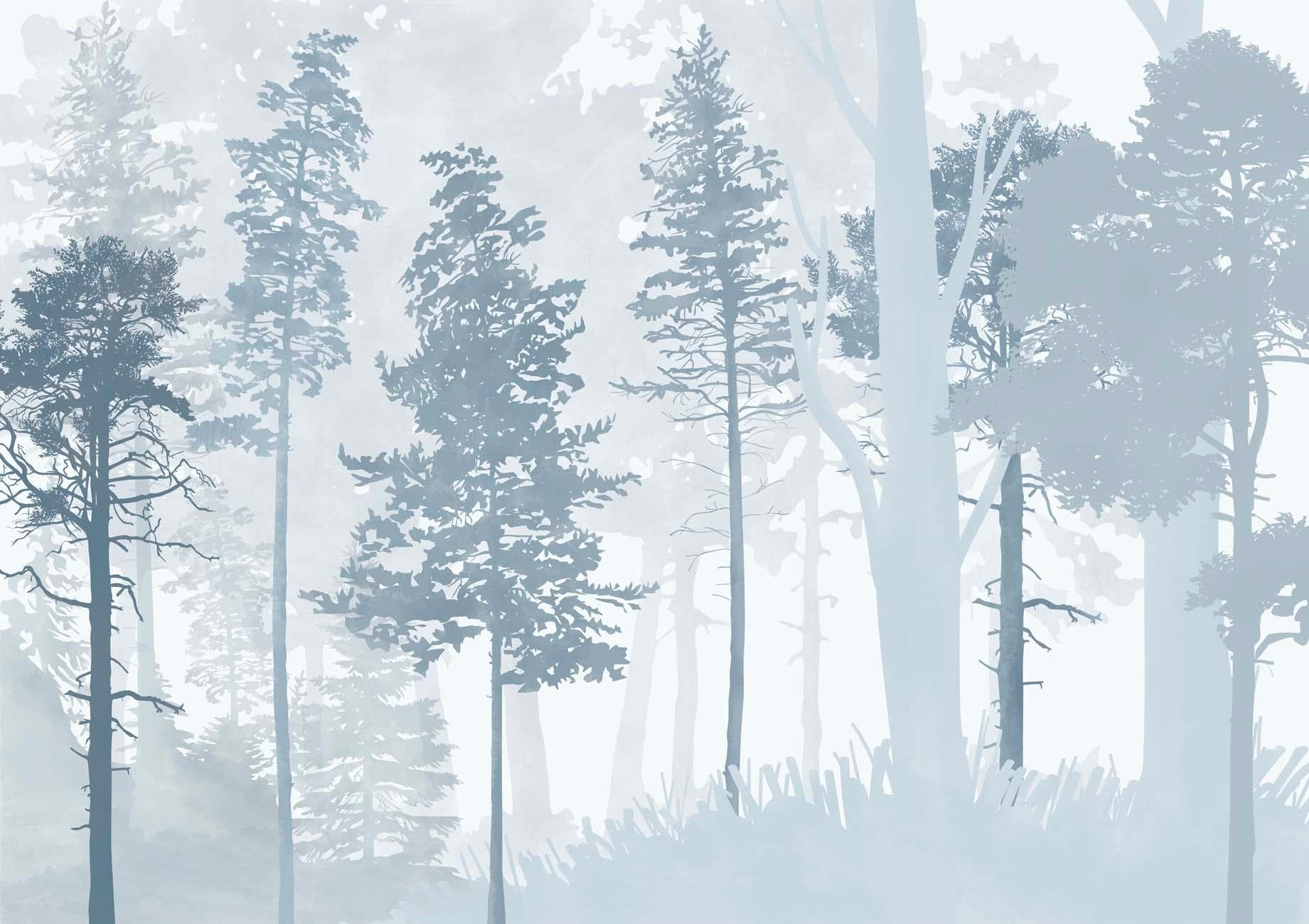 Papier peint panoramique forêt bleu scandinave, XXL, tendance