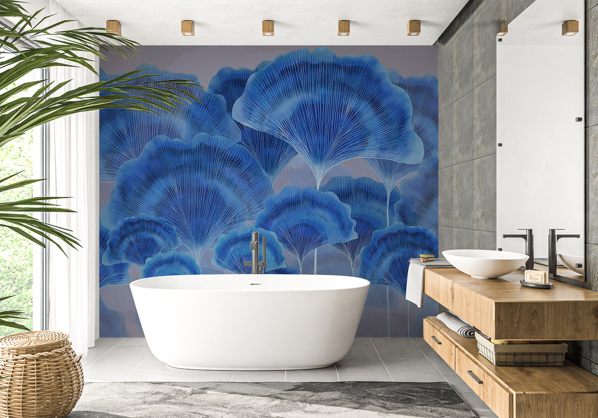 Papel pintado contemporáneo para baño ginkgo zen azul