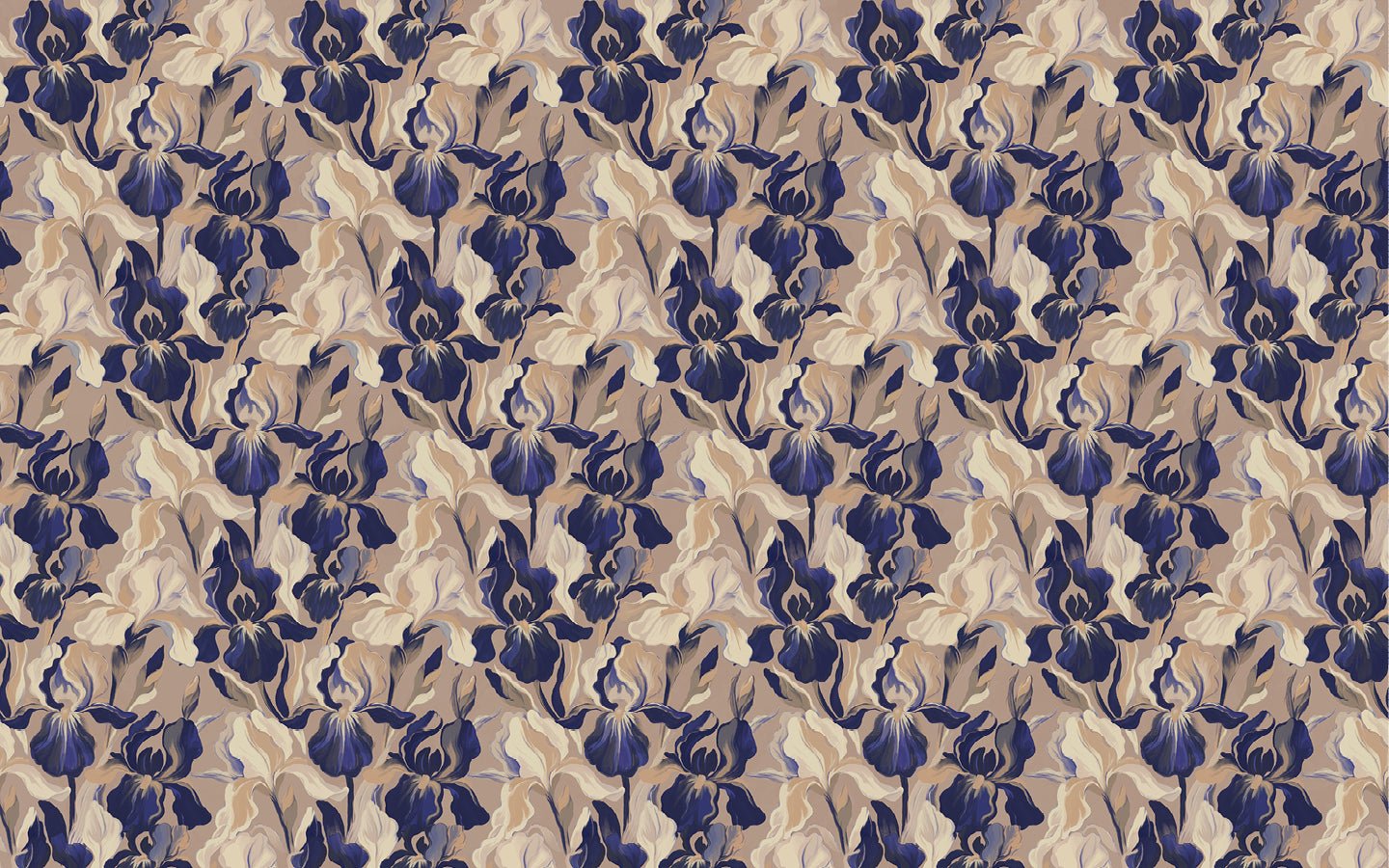 Papier peint motif Iris bleu fond sable - Mural français artistique haut de gamme - Muralconcept
