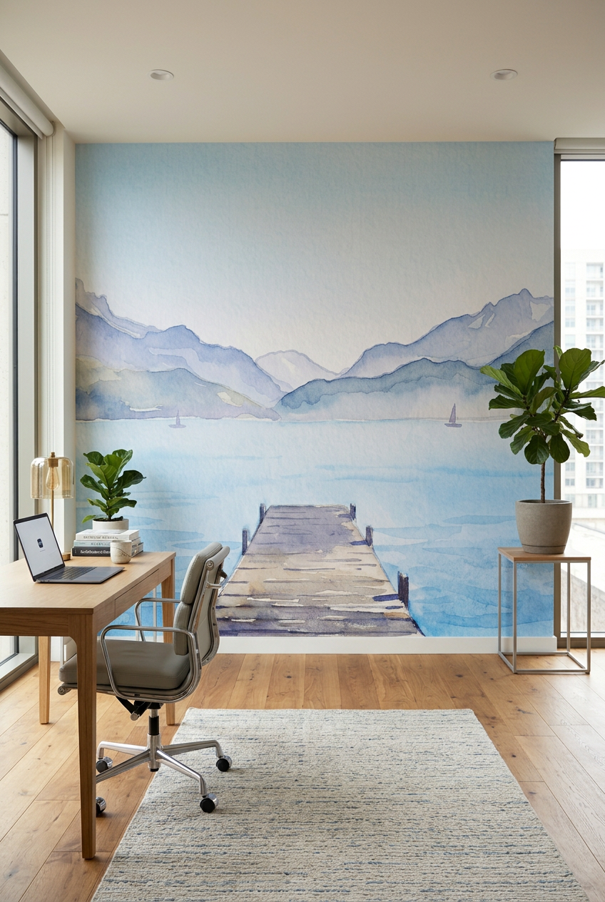 Papier peint aquarelle ponton lac Annecy - Perspective - Muralconcept