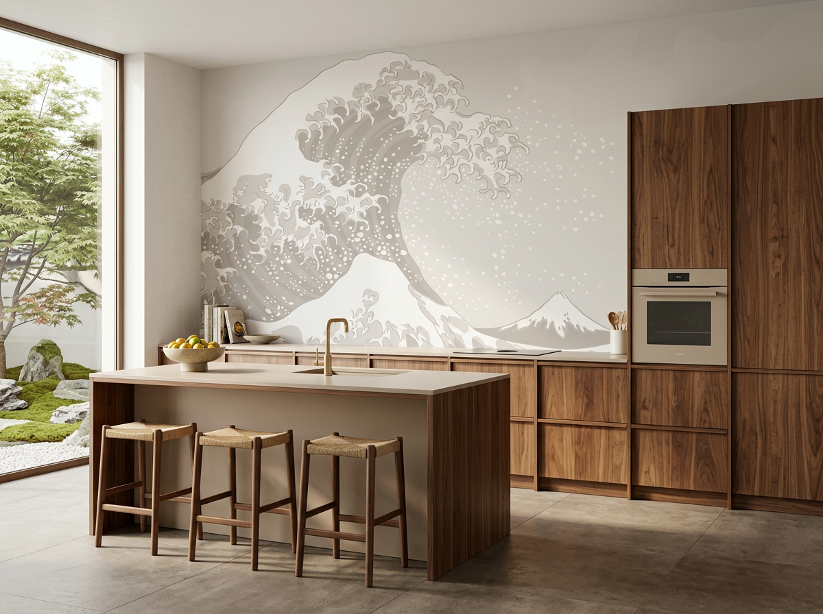 Papier peint japonisant - Grande Vague de Kanagawa Beige - Muralconcept