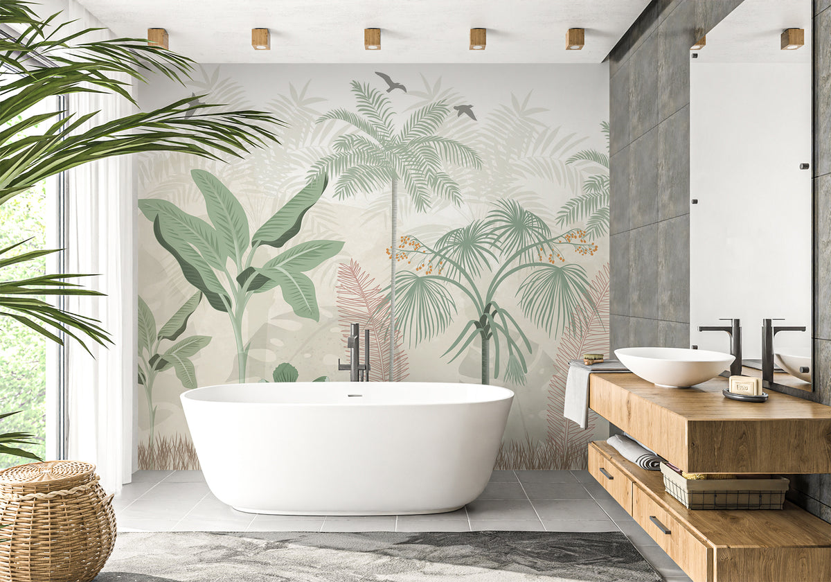 Papel pintado para baño con motivos de jungla en tonos pastel