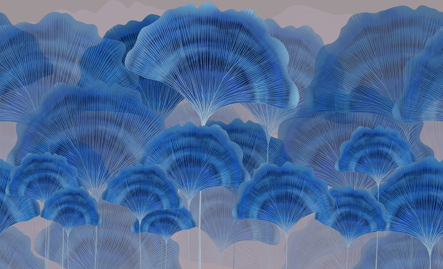 Papier peint contemporain ginkgo zen bleu, mural concept, tendance