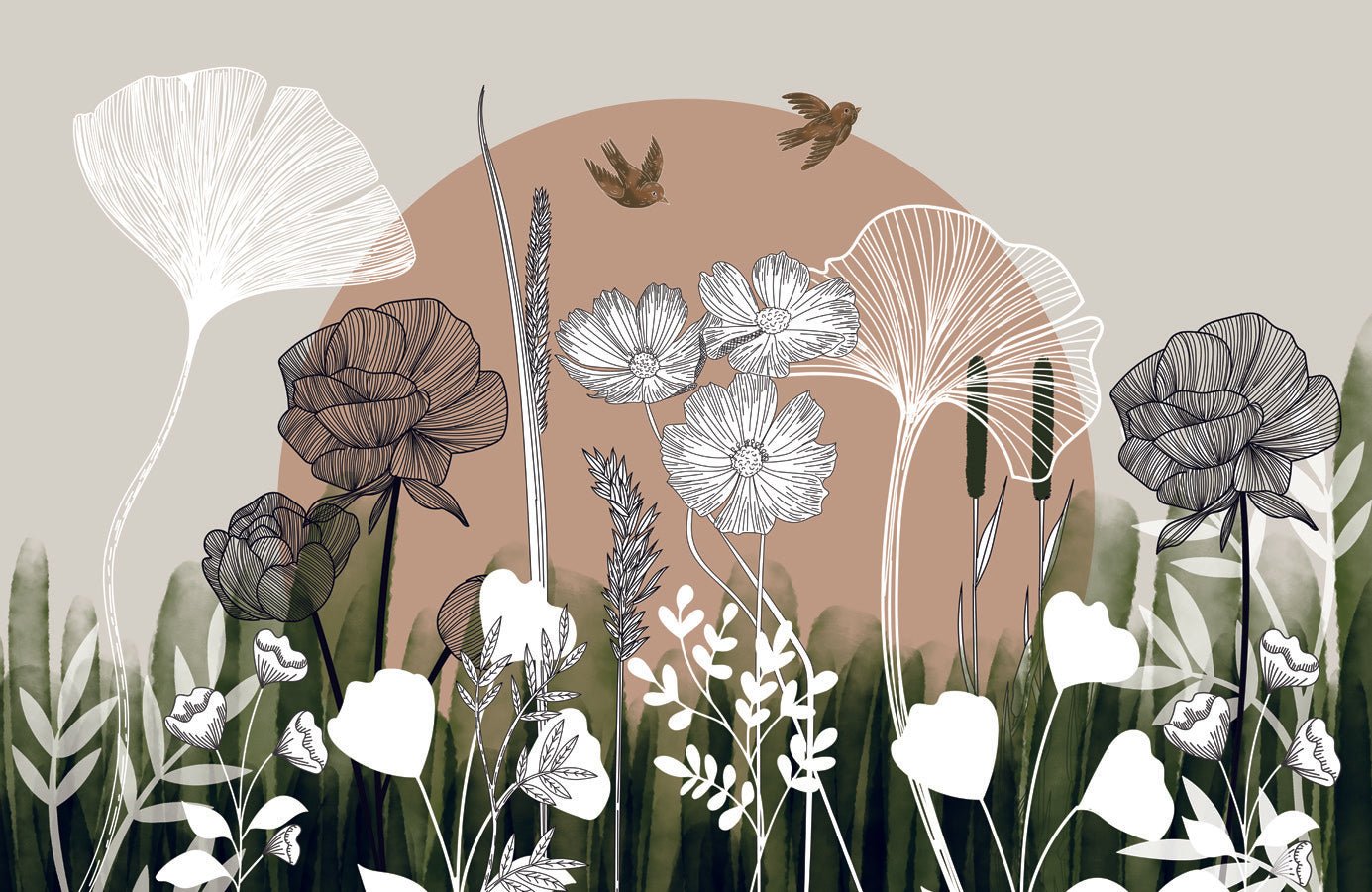 Papier peint panoramique illustration florale, mural concept, tendance