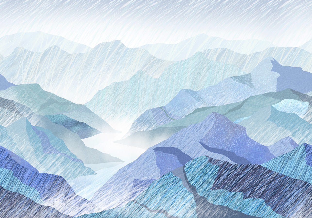 Papier peint salle de bain illustration montagnes bleu, mural concept, tendance