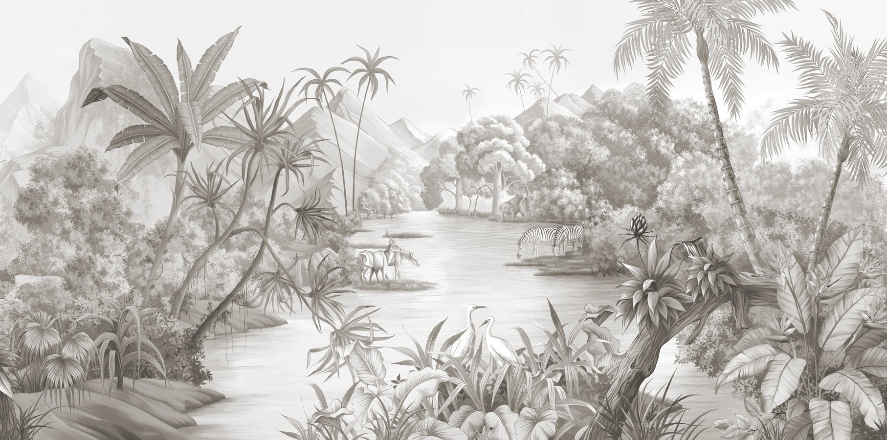 Papier peint panoramique jungle pittoresque, mural concept, tendance