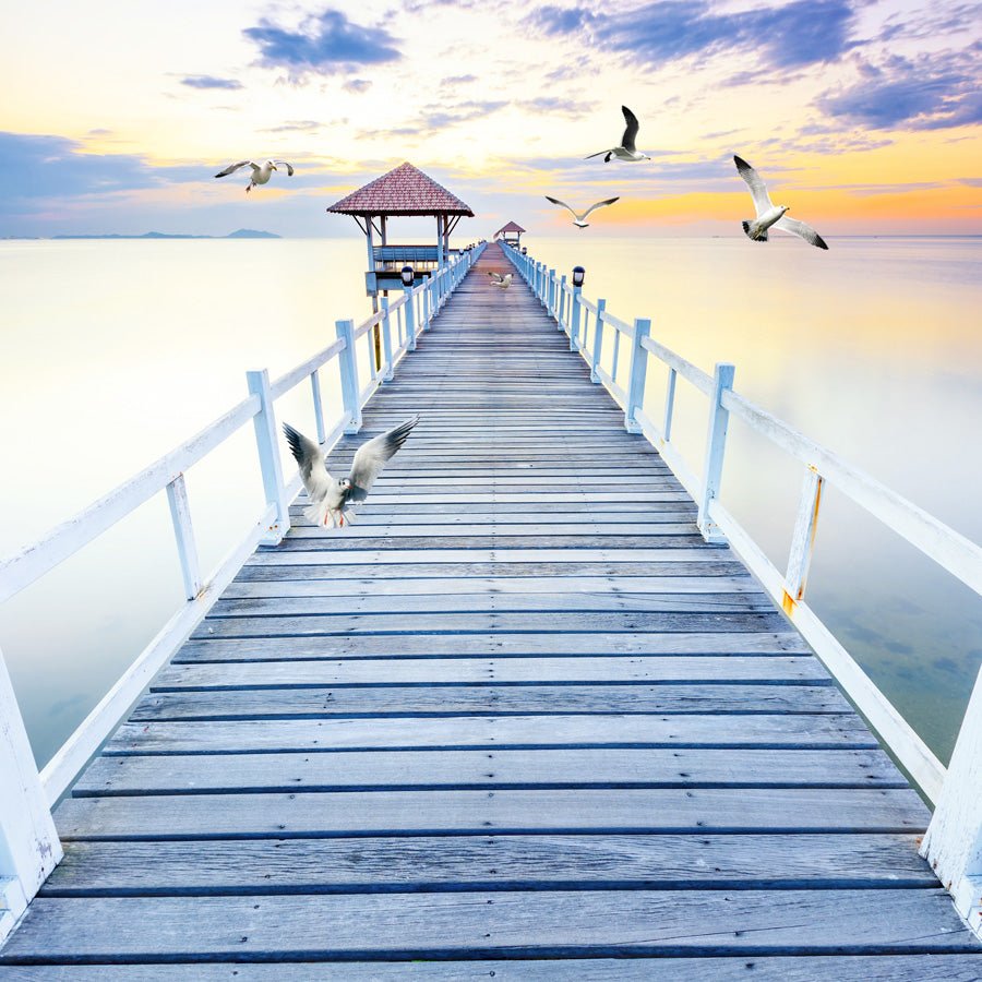 Papier peint trompe l’œil Ponton vue sur mer, mural concept, tendance