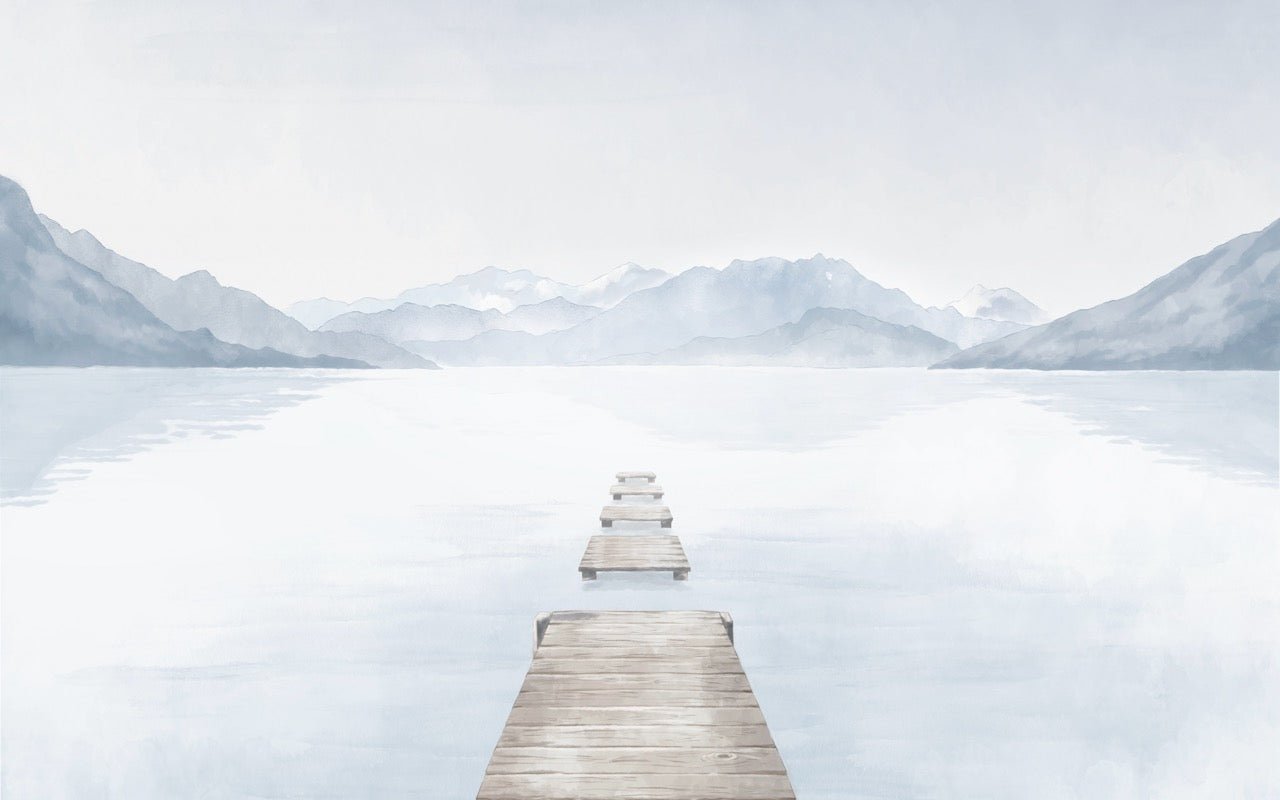 Papier peint lac et montagne panoramique – Ponton Annecy aquarelle bleu - Muralconcept