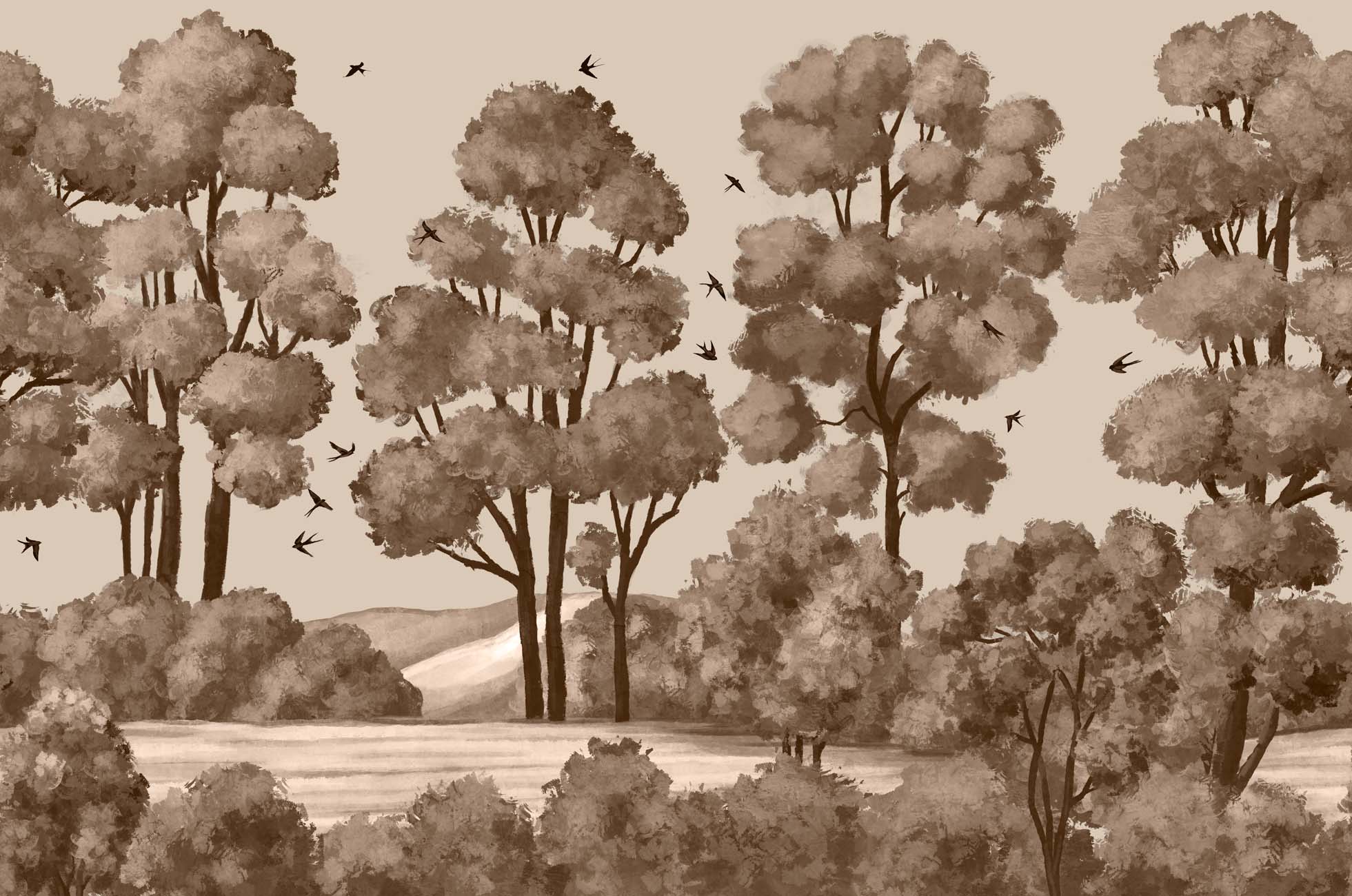 Papier peint paysage rivière forêt sépia, XXL, tendance