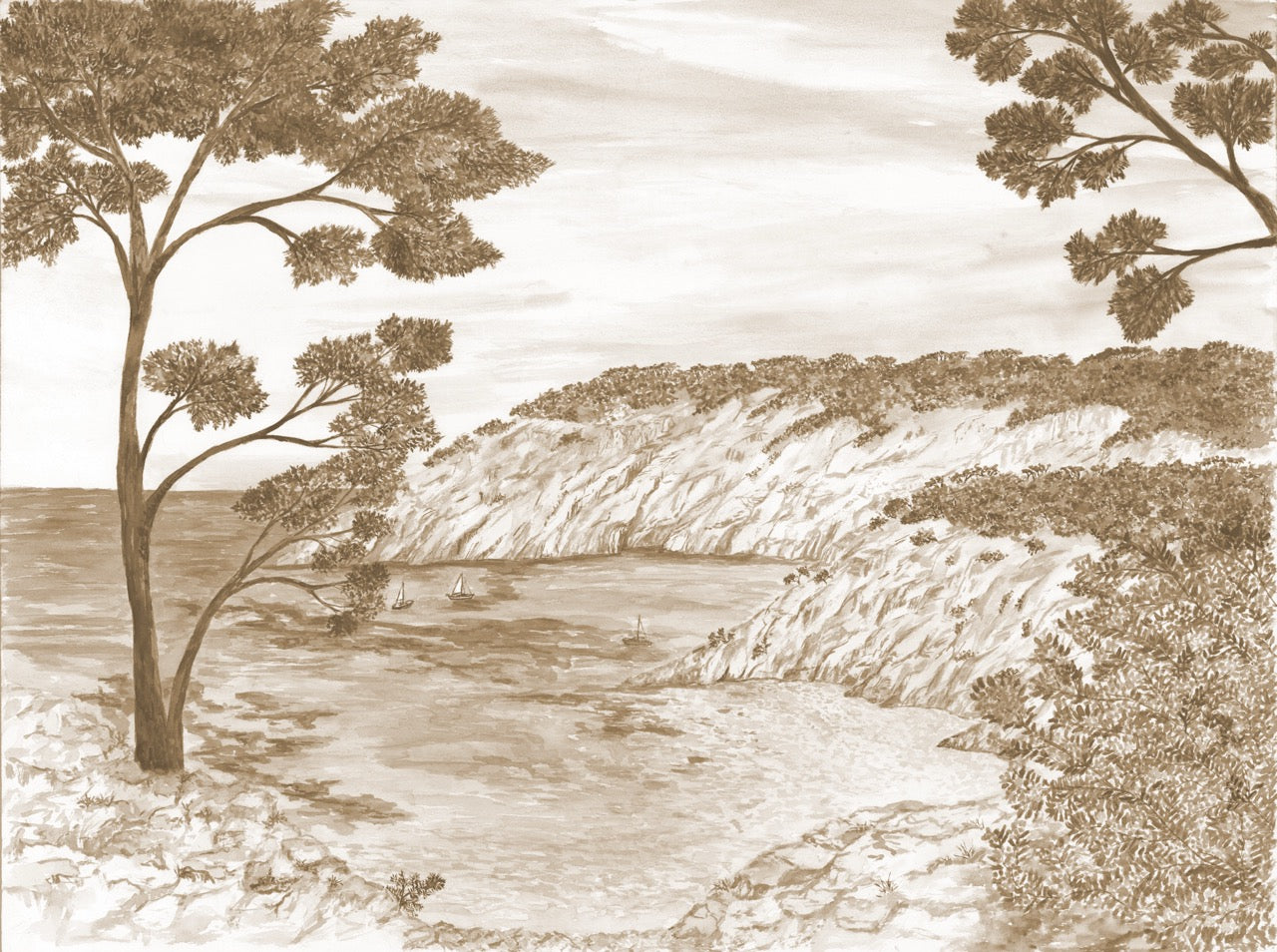Papel pintado panorámico - Las Calanques del sur en tonos sepia