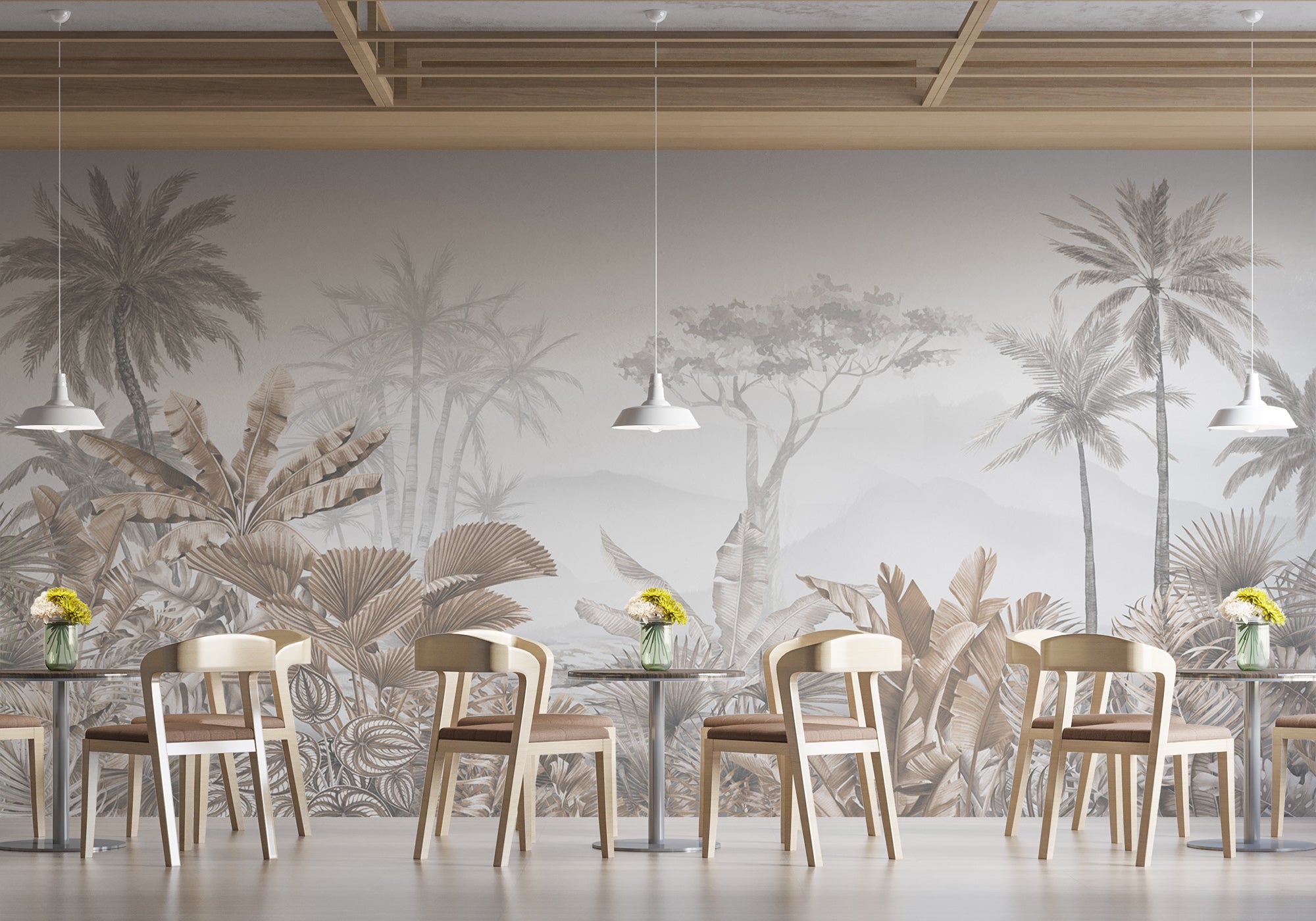 Papier peint restaurant tendance tropical sépia, mural concept, tendance