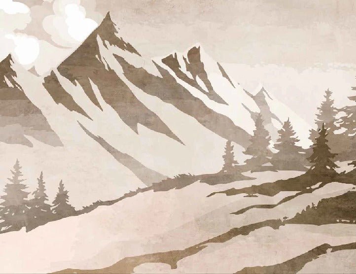 Papel pintado vintage de abetos y montañas en sepia
