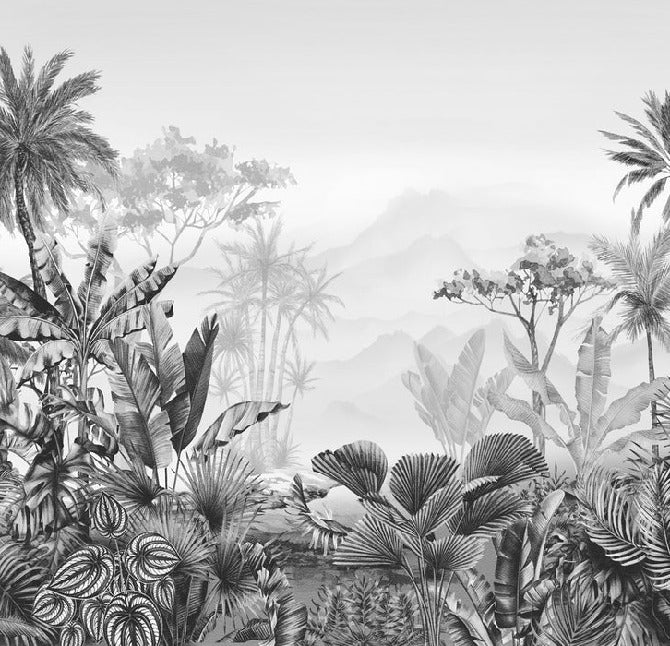 Papel pintado tropical en blanco y negro para cuartos de baño