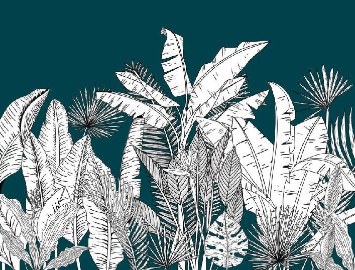 Papel pintado panorámico verde hoja botánica
