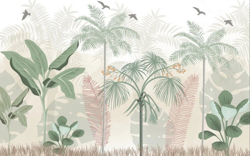 Papel pintado selva panorámica en tonos pastel