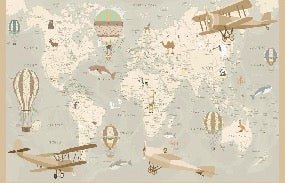 Papel pintado infantil mapa del mundo aviador